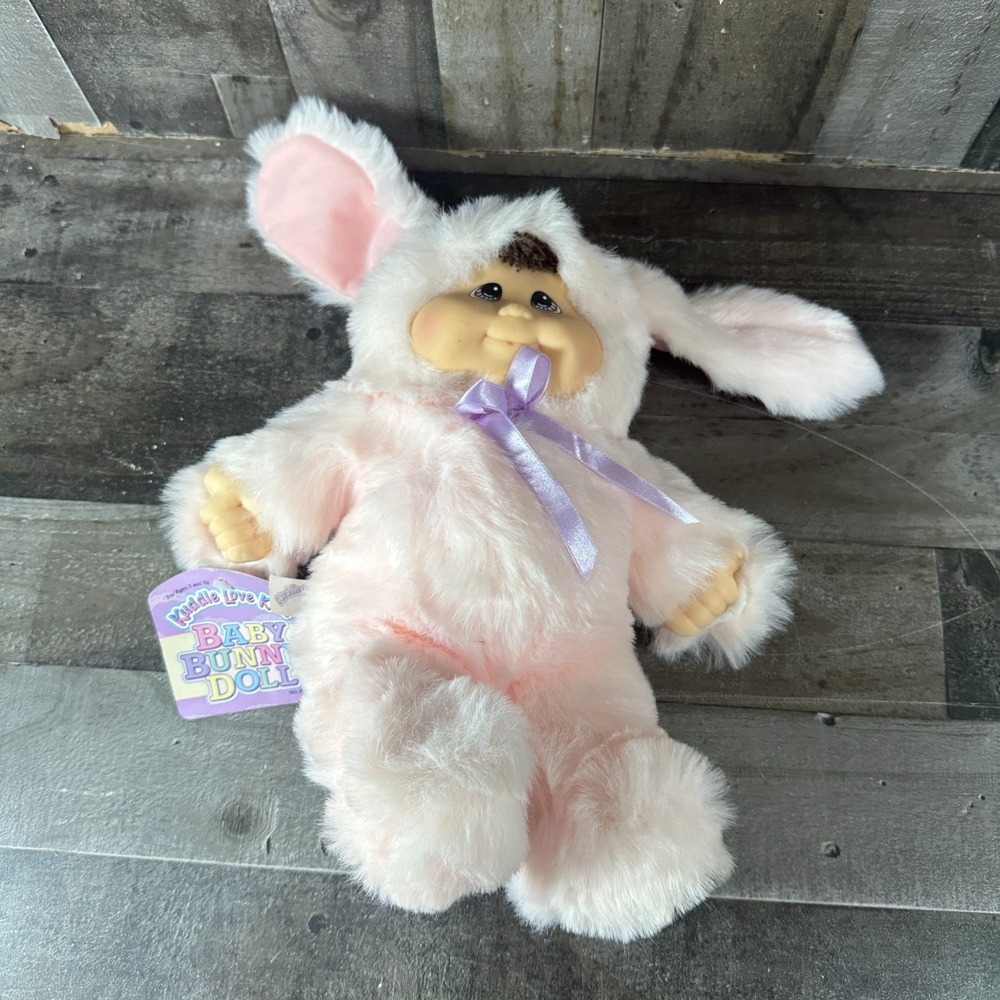 1997 Vtg  Kuddle Love Kids Bunny With Blue Bow Faux Fur‎ Soft Plush Bunny Easter
